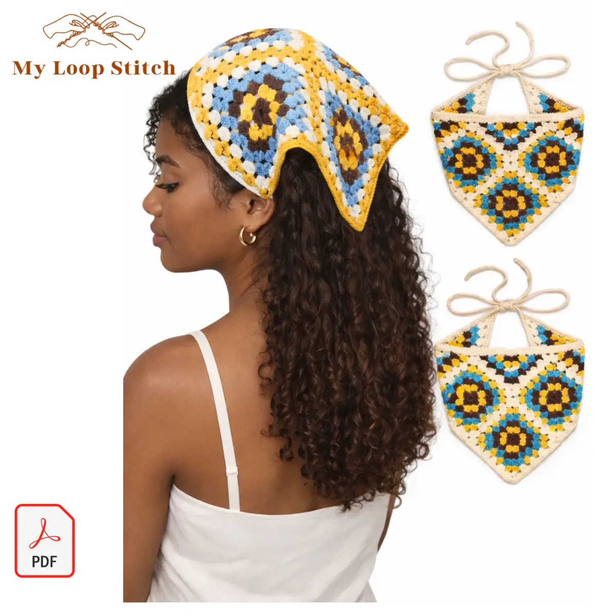 Handmade Crochet Granny Square Hair Bandana – Vintage Boho Knit Head Kerchief Scarf Handmade Crochet Granny Square Hair Bandana – Vintage Boho Knit Head Kerchief Scarf - Image 5