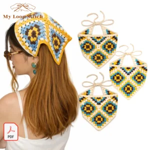 Handmade Crochet Granny Square Hair Bandana – Vintage Boho Knit Head Kerchief Scarf
