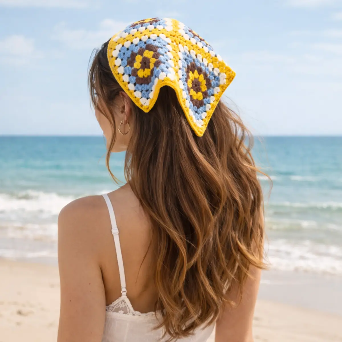 Handmade Crochet Granny Square Hair Bandana – Vintage Boho Knit Head Kerchief Scarf Handmade Crochet Granny Square Hair Bandana – Vintage Boho Knit Head Kerchief Scarf - Image 6