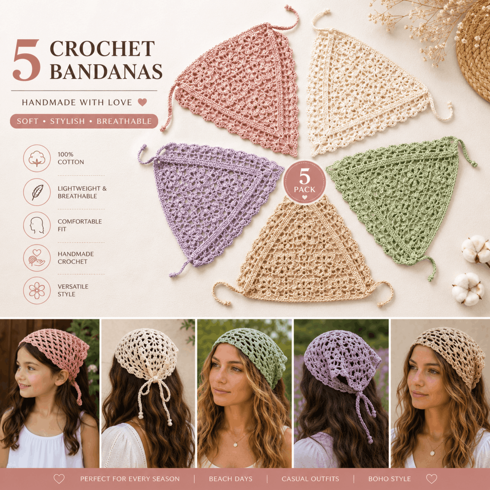 5 Easy Crochet Boho Bandana Pattern | Includes Color Inspiration (PDF) 5 Easy Crochet Boho Bandana Pattern | Includes Color Inspiration (PDF) - Image 2