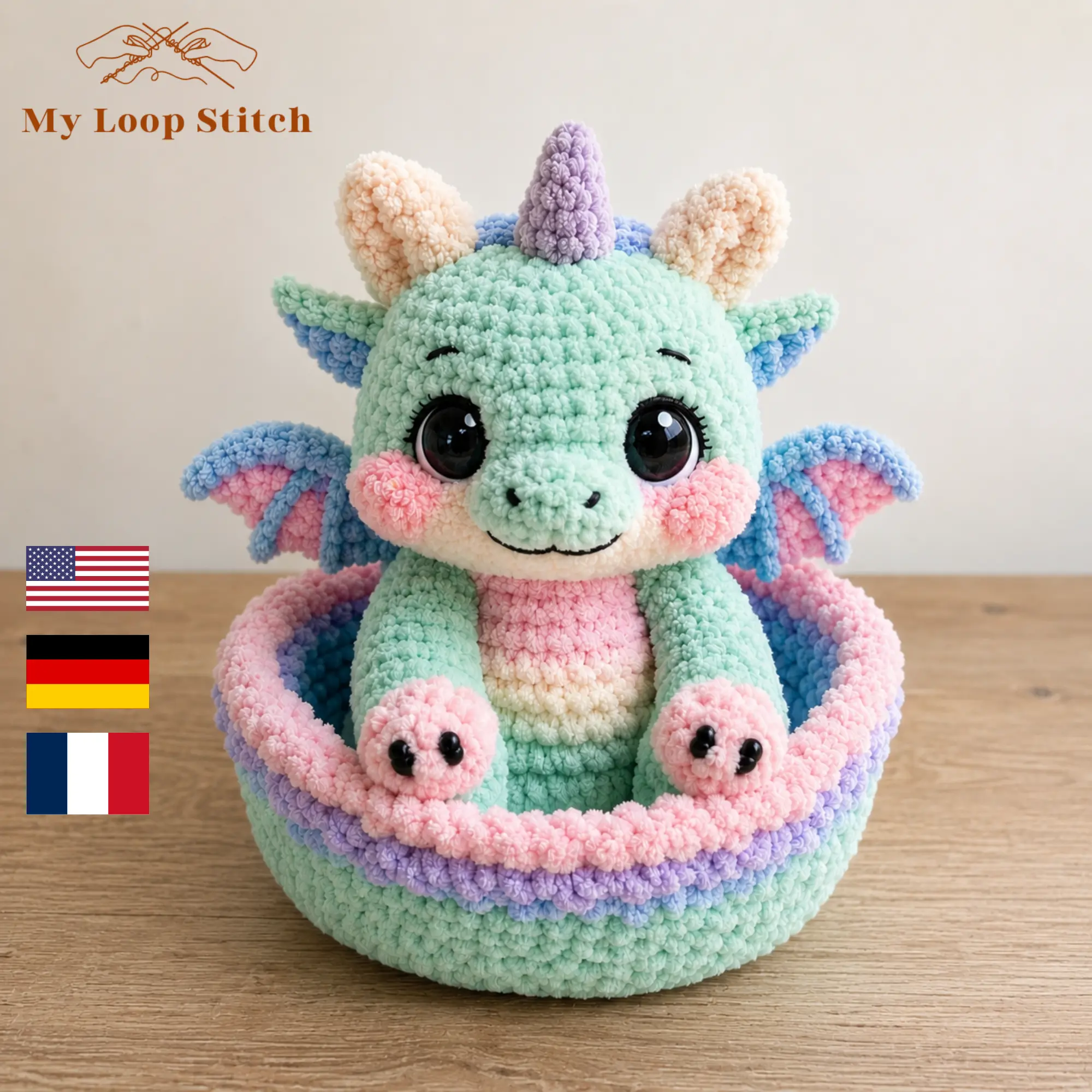 Dragon Amigurumi Pattern PDF – Pastel Baby Dragon in a Basket Dragon amigurumi crochet pattern PDF featuring a mint-green dragon with pastel wings and colorful basket