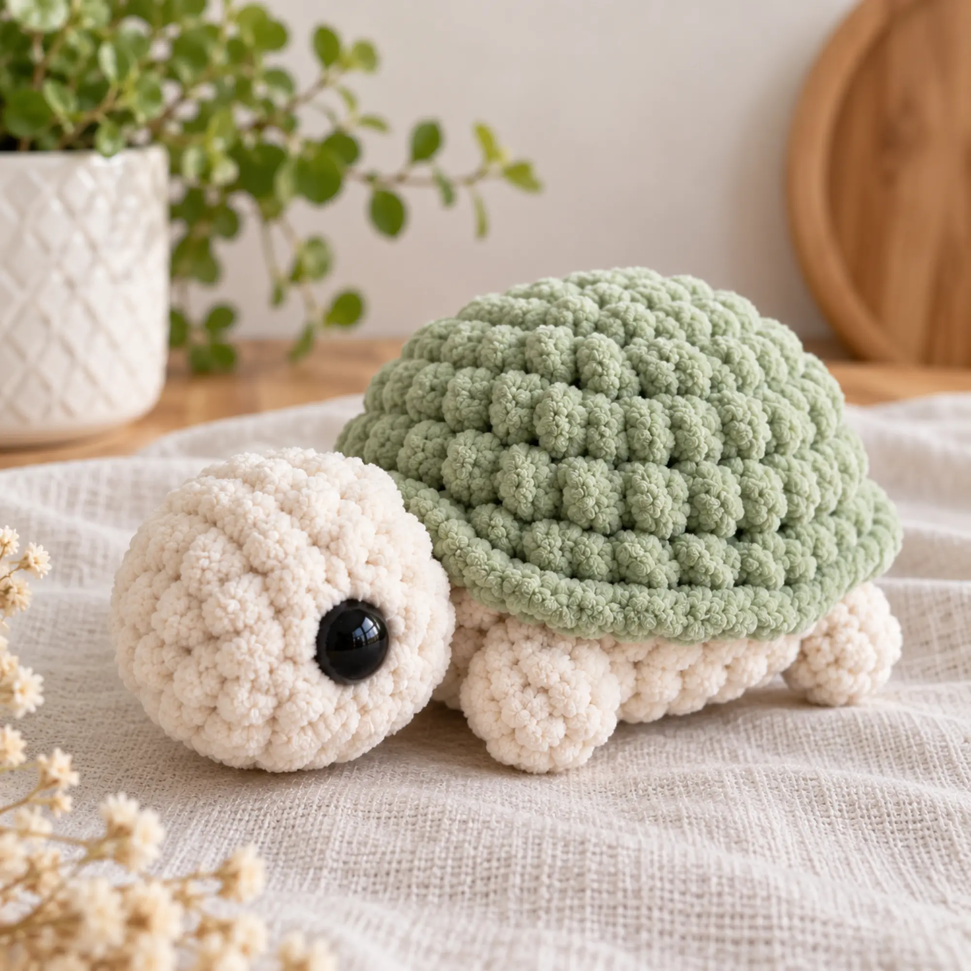 Crochet Turtle Pattern PDF – Mini No-Sew Turtle Amigurumi Sage-green plush crochet turtle with a raised textured shell, white head, small feet and black eye