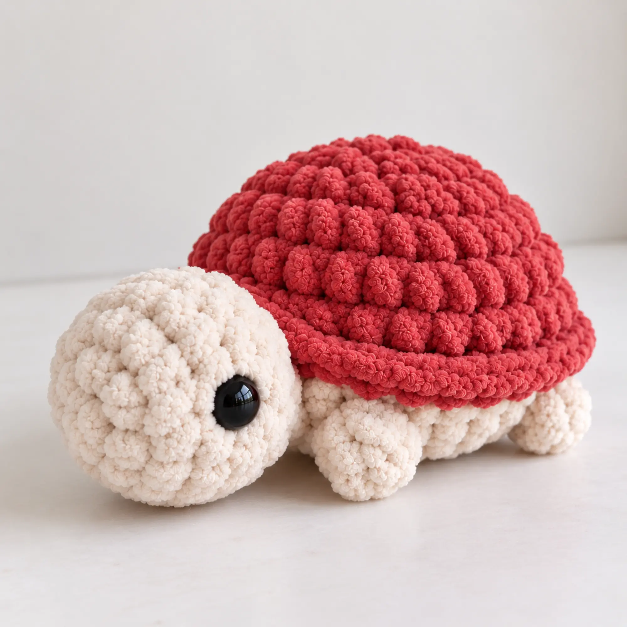 Crochet Turtle Pattern PDF – Mini No-Sew Turtle Amigurumi No sew turtle crochet pattern promotional image featuring a pink plush turtle with blue and peach turtles behind it