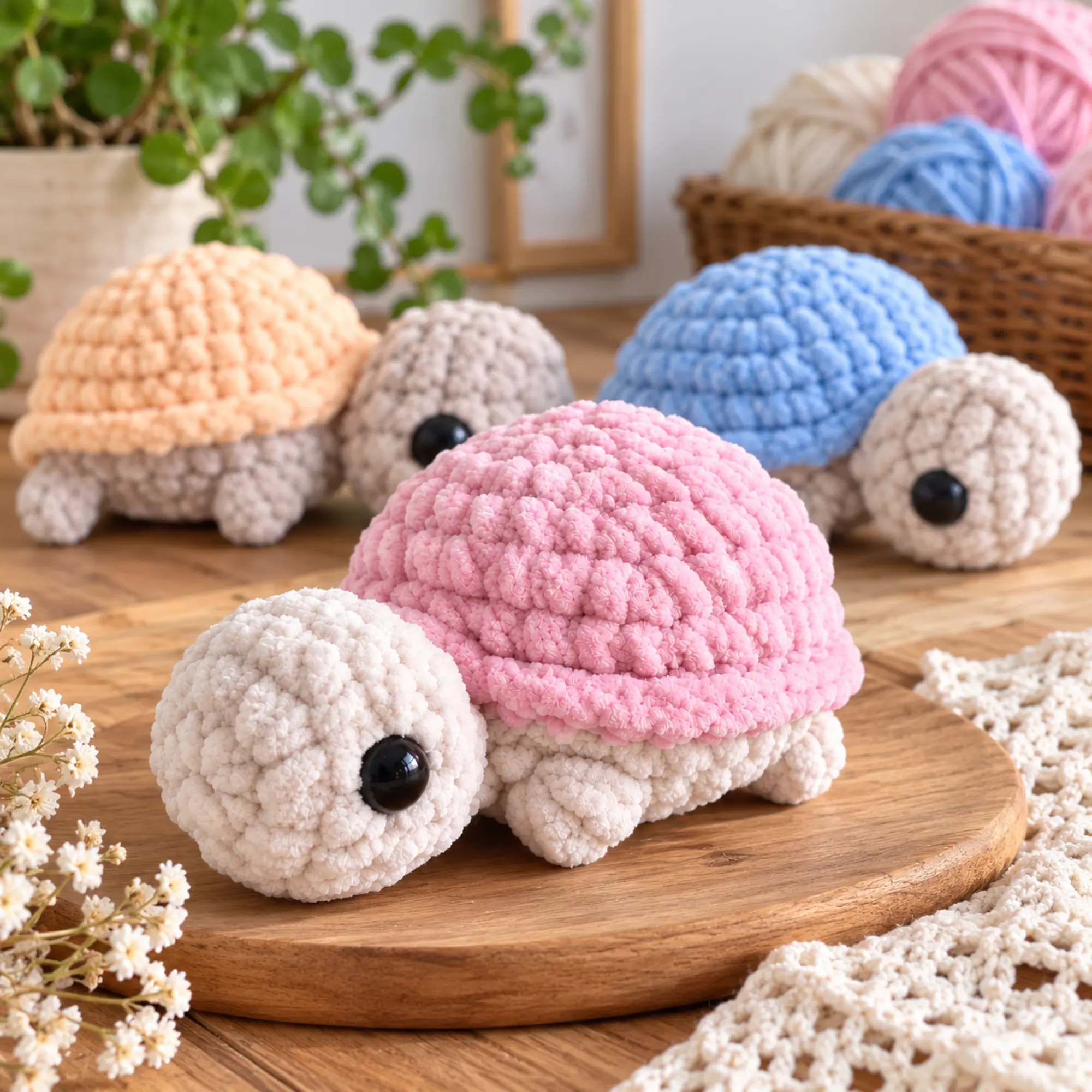 Crochet Turtle Pattern PDF – Mini No-Sew Turtle Amigurumi Mini turtle crochet pattern PDF showing pink, blue and peach amigurumi turtles with rounded shells