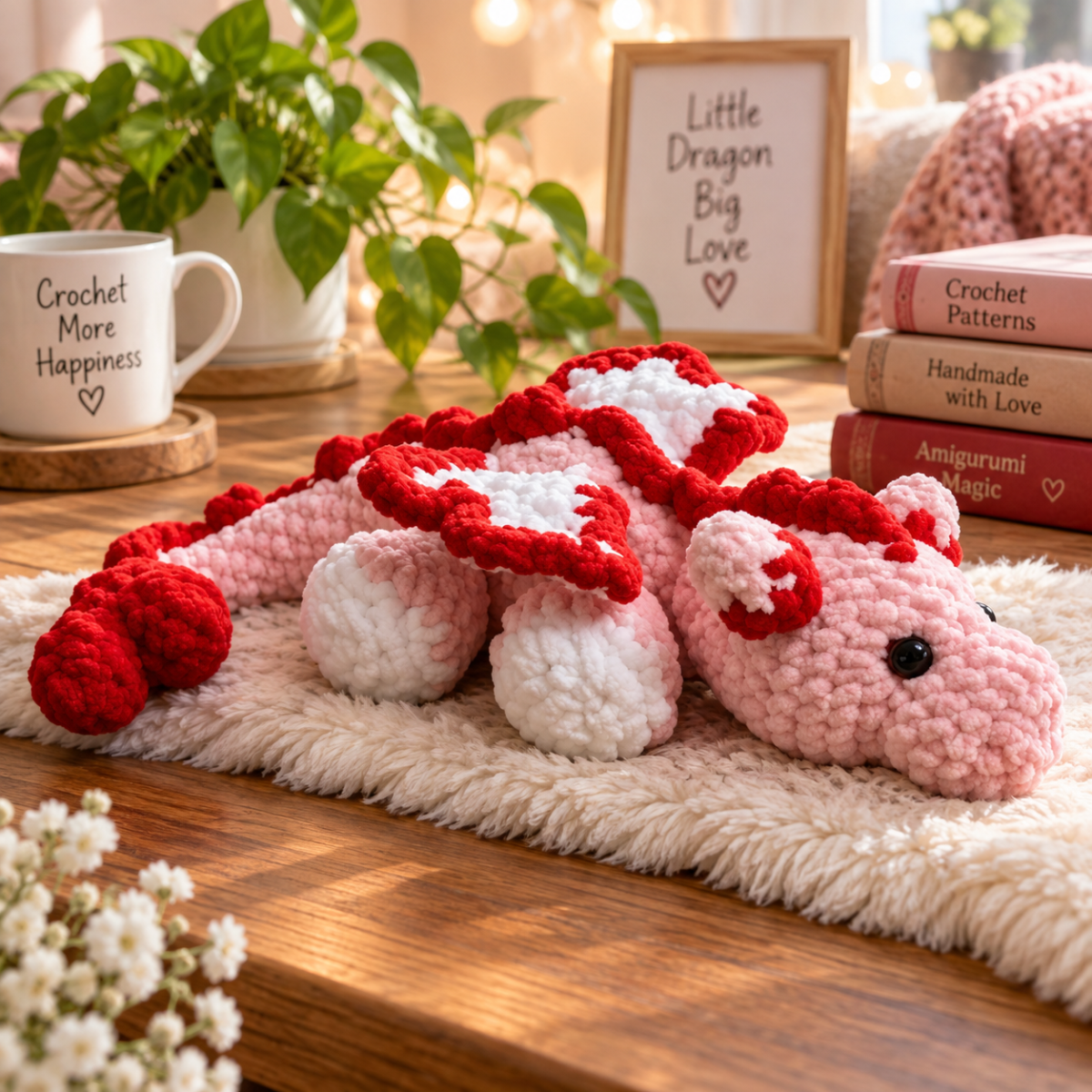 Crochet Dragon Pattern PDF – Pink Love Dragon Amigurumi Plush dragon crochet pattern featuring a pink dragon with red back spikes, white feet and heart-shaped tail