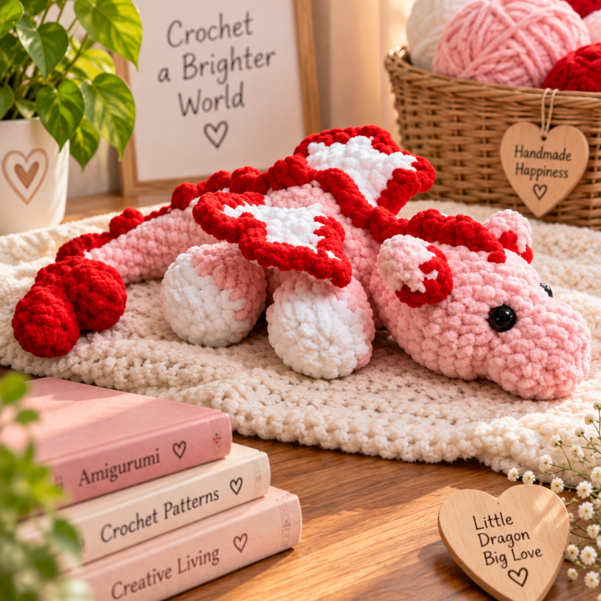 Crochet Dragon Pattern PDF – Pink Love Dragon Amigurumi Cute dragon crochet pattern showing a soft pink amigurumi dragon with red wings and white crochet feet