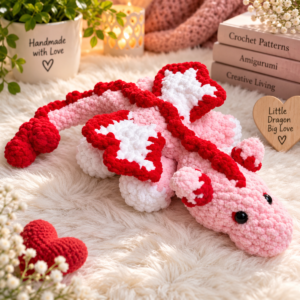 Crochet dragon pattern featuring a pink plush Love Dragon with red and white wings and a heart-shaped tail