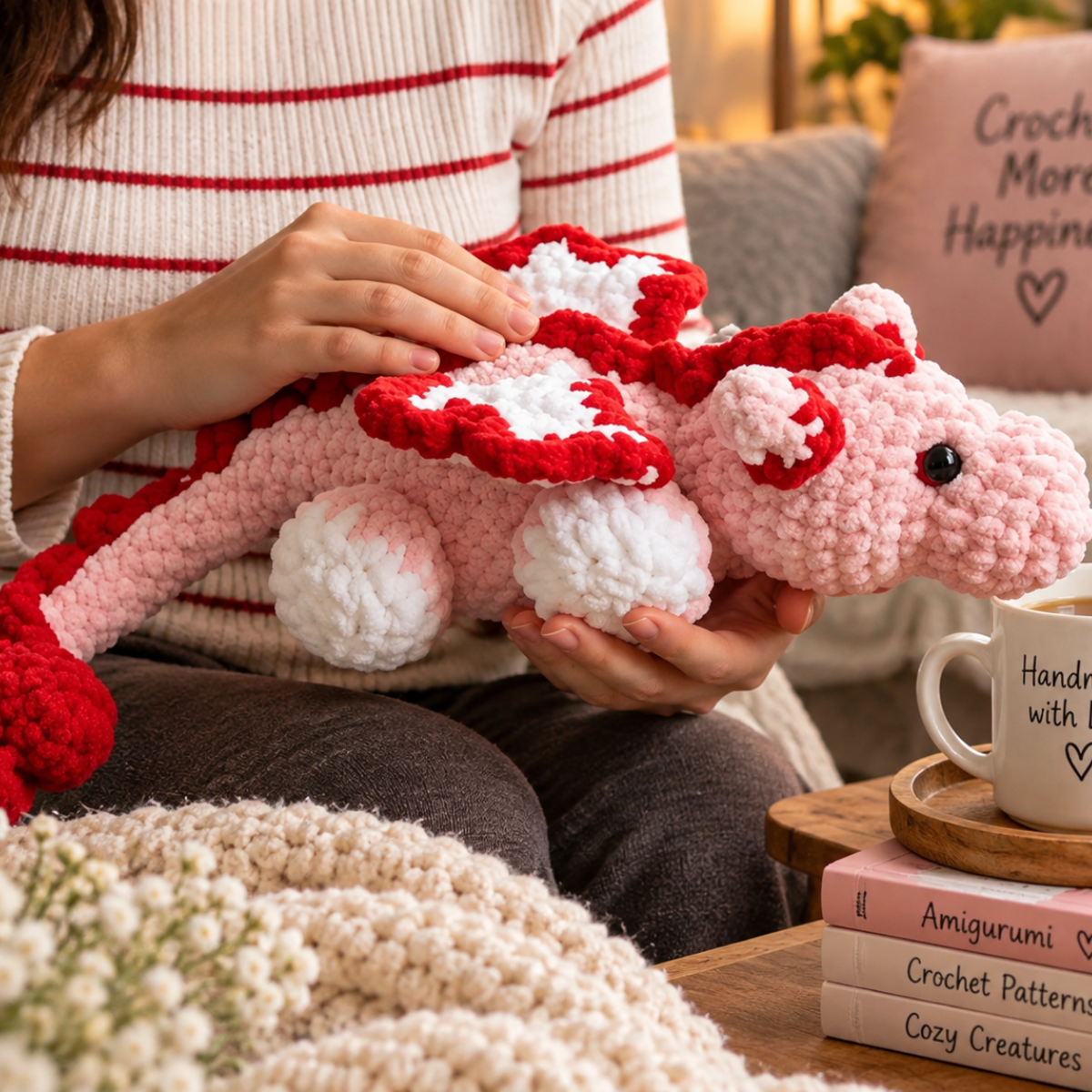 Crochet Dragon Pattern PDF – Pink Love Dragon Amigurumi Pink plush dragon amigurumi held in hands, showing its red and white wings and long heart-tipped tail