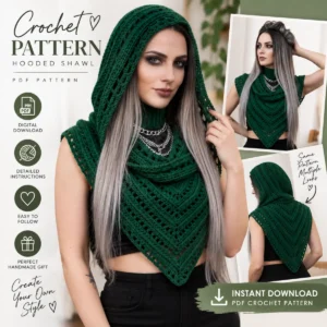 Hooded cowl crochet pattern featuring a dark green textured triangular scarf with an oversized hood