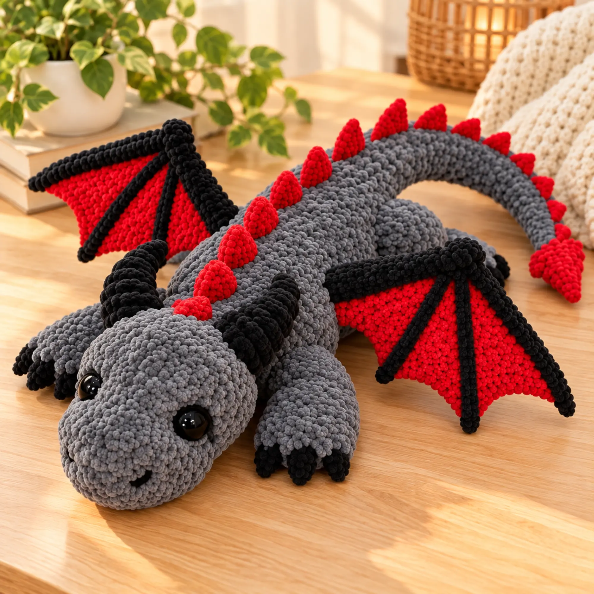 Dragon Crochet Pattern PDF – Grey Dragon Amigurumi Close-up of a grey plush crochet dragon with black horns, safety eyes and red back spikes