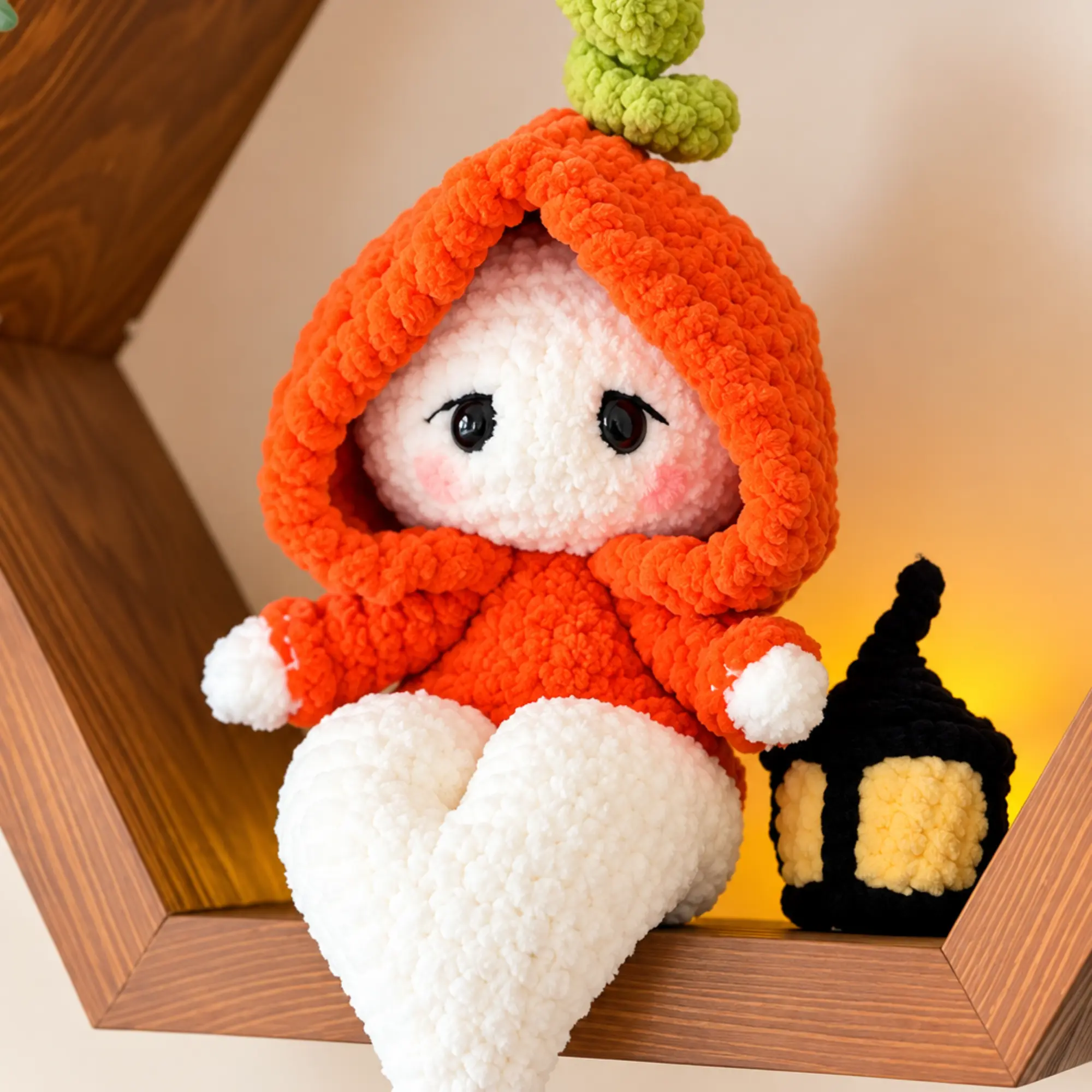 Ghost Crochet Pattern PDF – Momo Ghost Amigurumi Side view of Momo Ghost amigurumi with a pumpkin-style hood