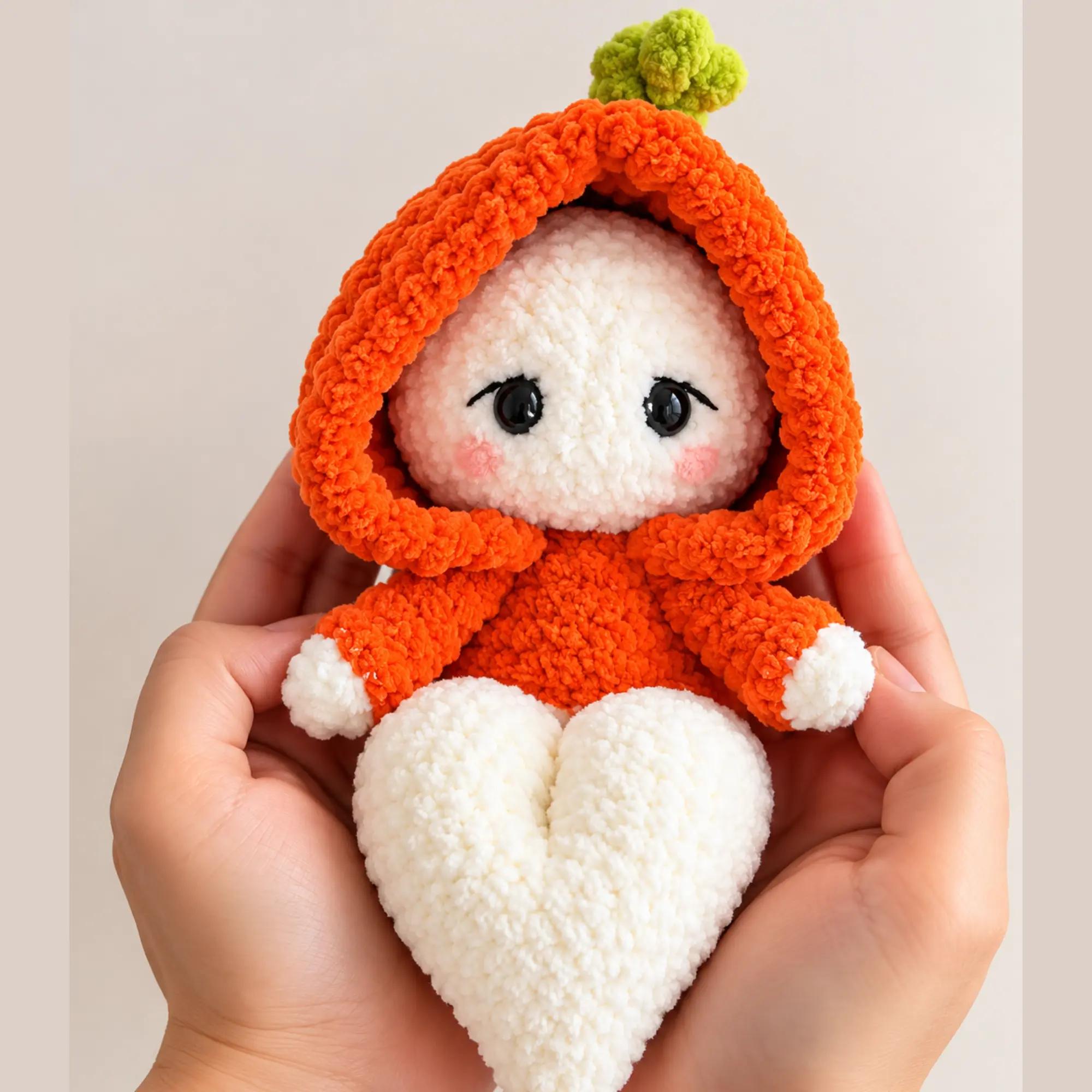 Ghost Crochet Pattern PDF – Momo Ghost Amigurumi Close-up of the crocheted ghost face and orange hood