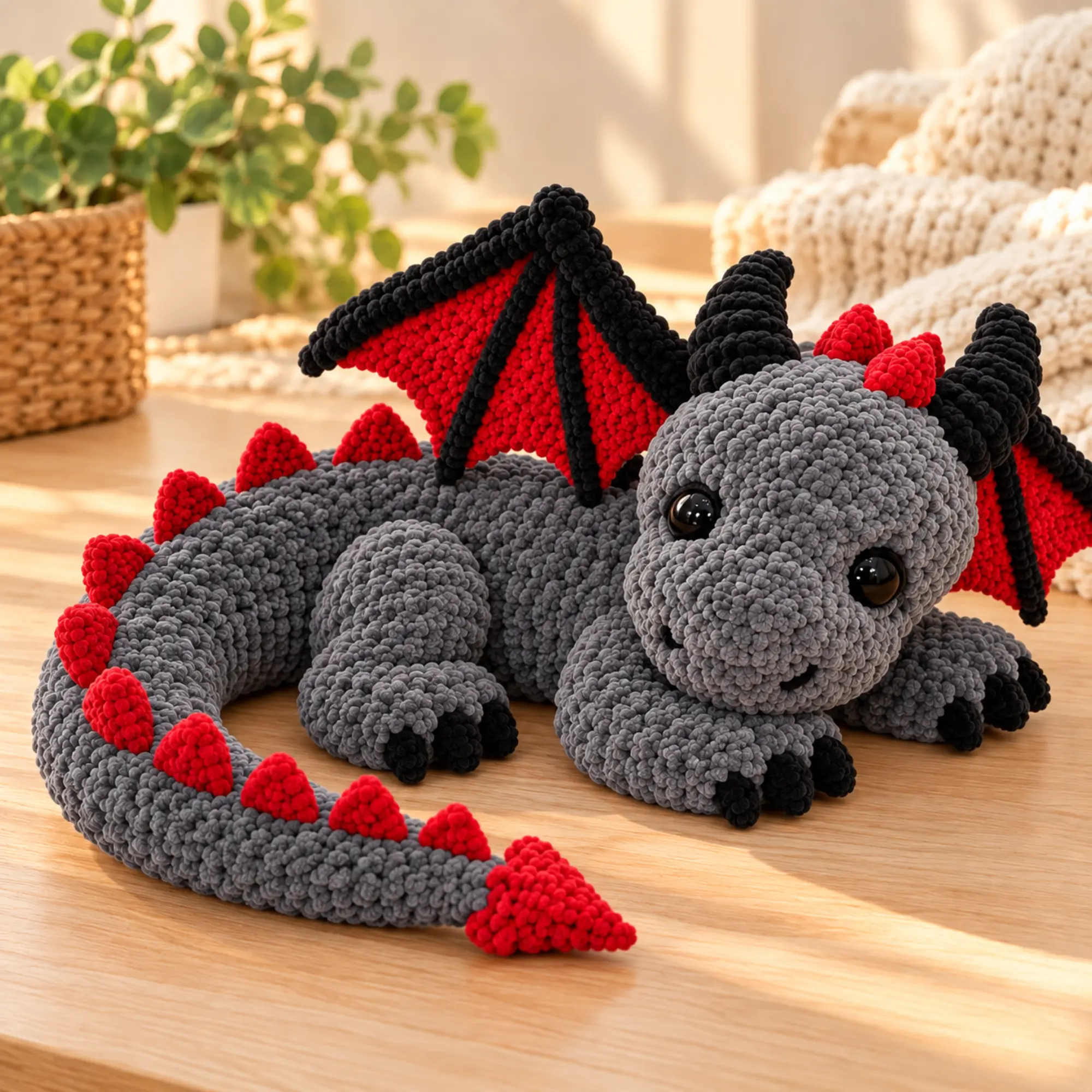 Dragon Crochet Pattern PDF – Grey Dragon Amigurumi Grey dragon amigurumi pattern with bright red crochet wings, black claws and a long curved tail