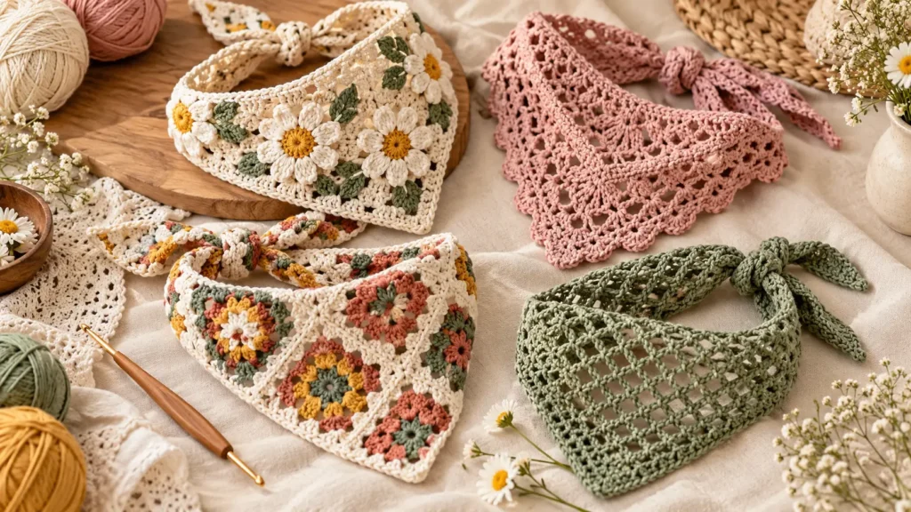 Four handmade crochet hair bandanas in floral granny square, pink lace, daisy and sage green mesh designs, displayed with yarn and crochet hooks.