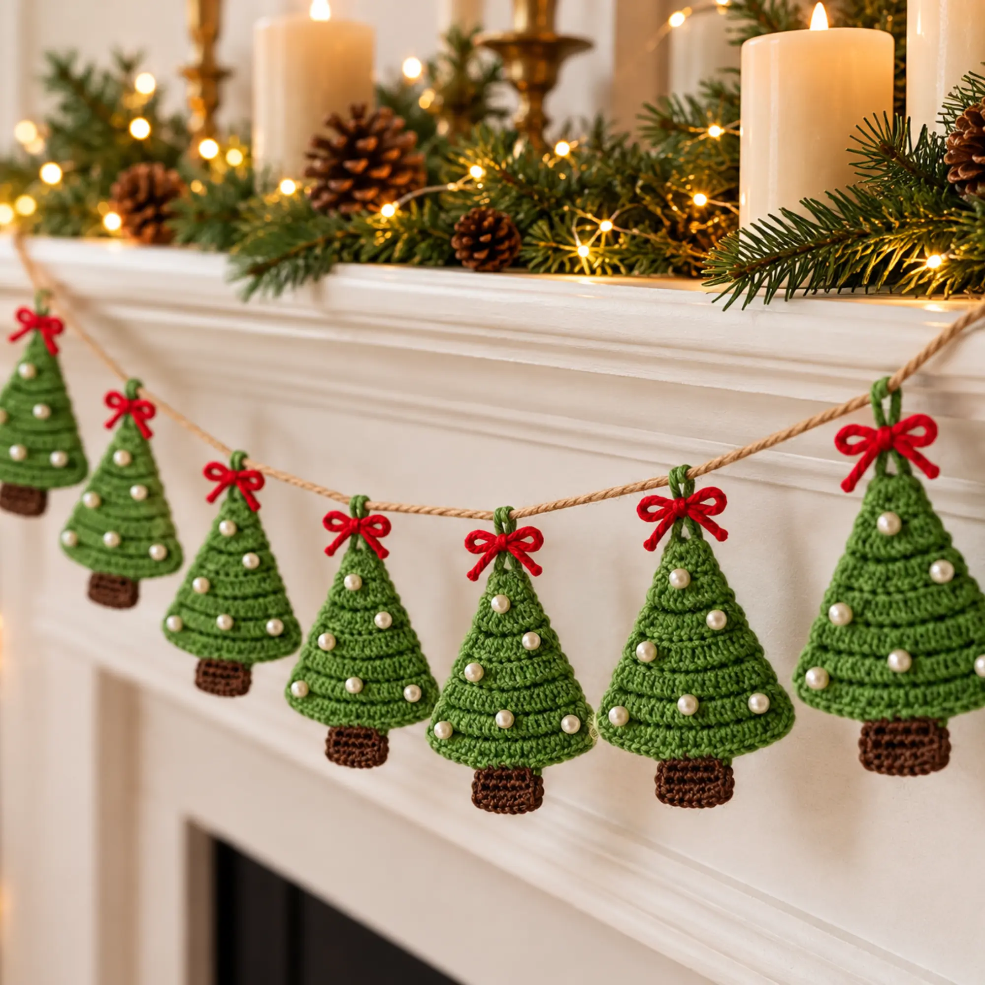 Crochet Christmas Tree Pattern PDF – Ornament & Garland Handmade crochet Christmas tree decorations hanging in a festive garland above a fireplace with glowing candles and pine branches