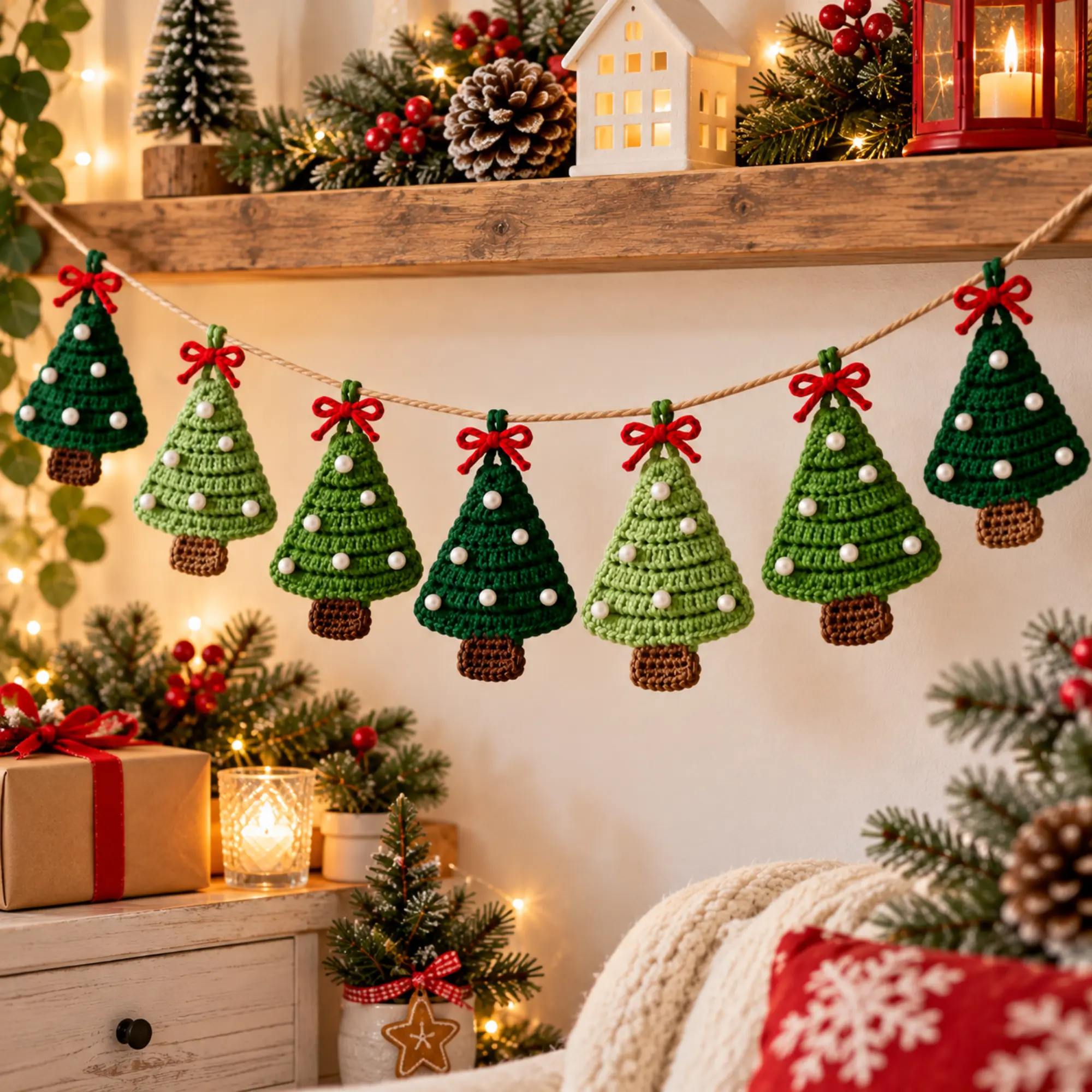 Crochet Christmas Tree Pattern PDF – Ornament & Garland Crochet Christmas tree garland with six green tree ornaments, red ribbon bows and white pearls across a Christmas fireplace