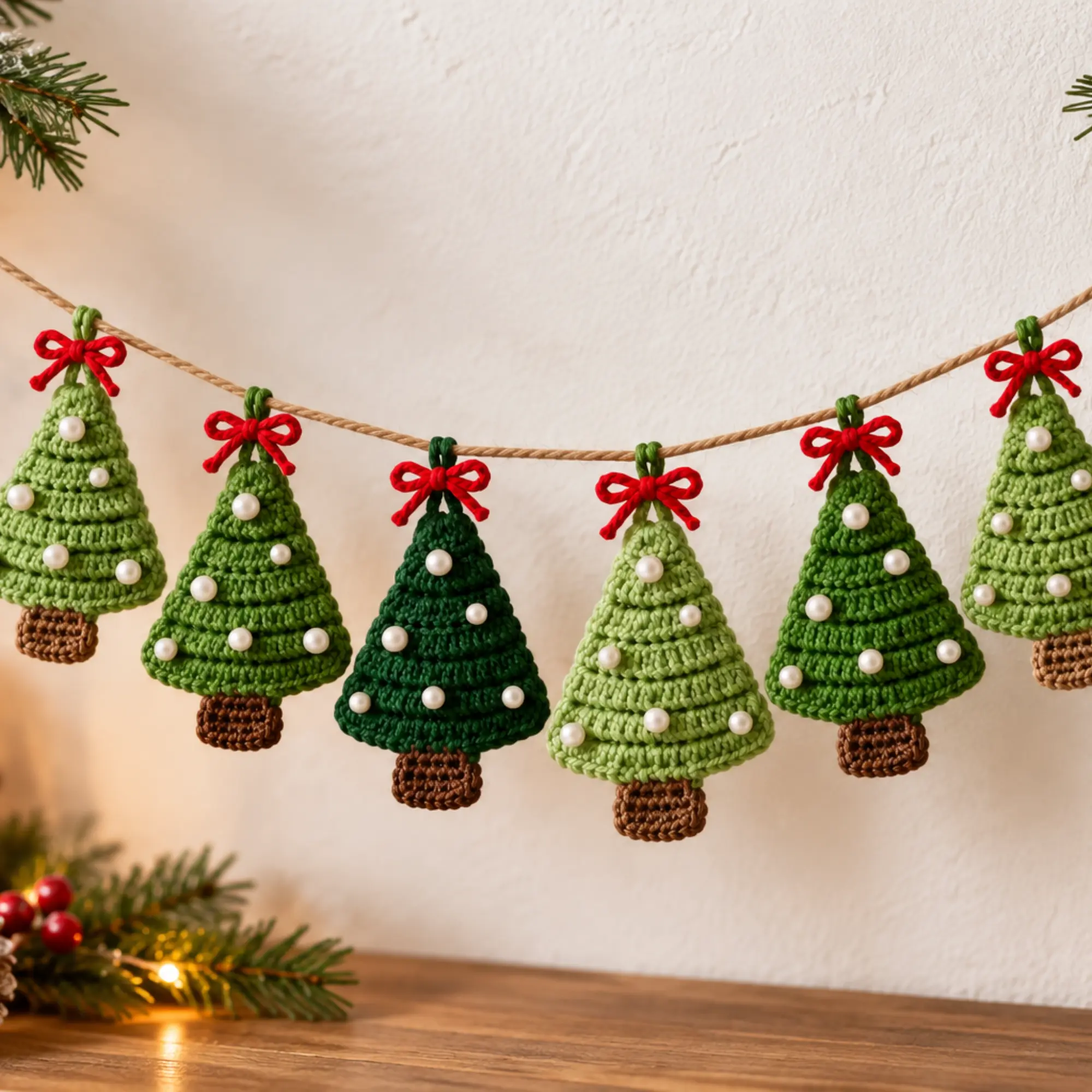Crochet Christmas Tree Pattern PDF – Ornament & Garland Crochet Christmas tree ornament pattern featuring a green textured tree with white pearl beads, a brown trunk and hanging loop