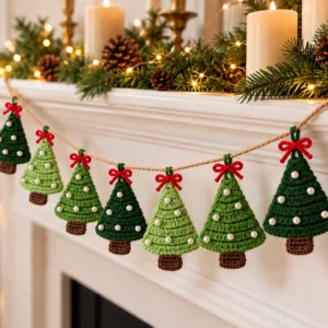 Crochet Christmas tree pattern displayed as a festive garland with green trees, red bows and white pearl decorations