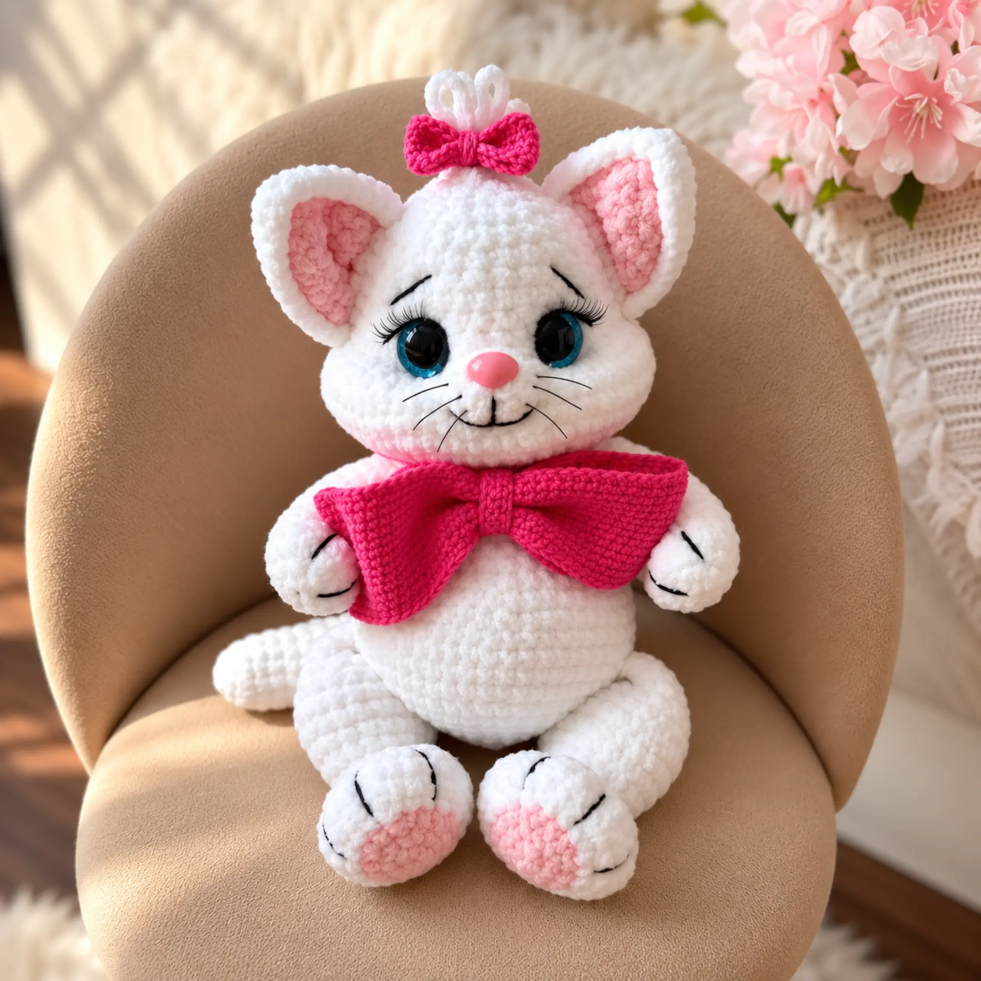 Crochet Cat Pattern PDF – Kitty With a Bow Amigurumi White amigurumi cat with blue eyes, pink paw pads and a large bright pink crochet bow