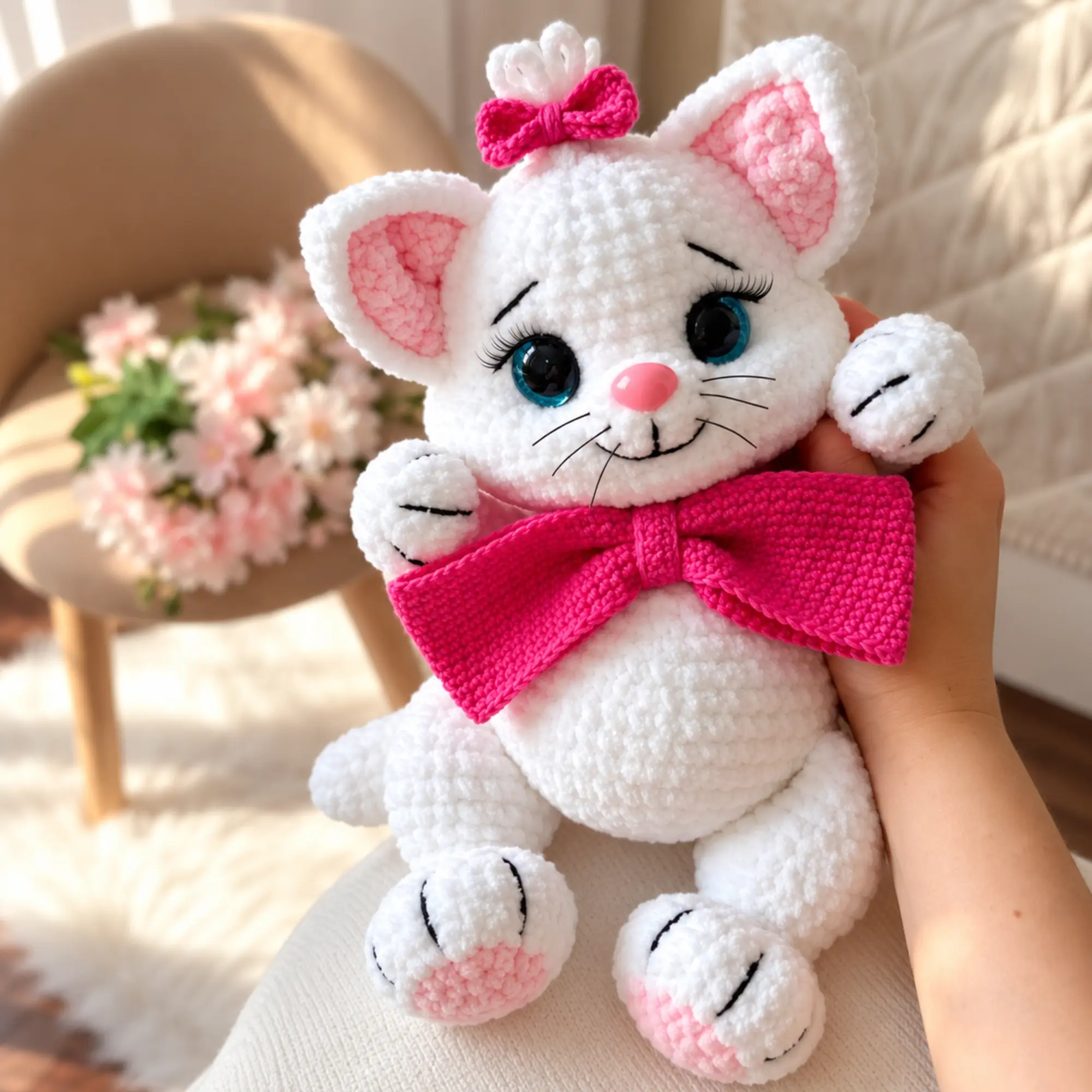 Crochet Cat Pattern PDF – Kitty With a Bow Amigurumi Back view of a white crochet cat showing its fluffy tail, pink bow and rounded plush body