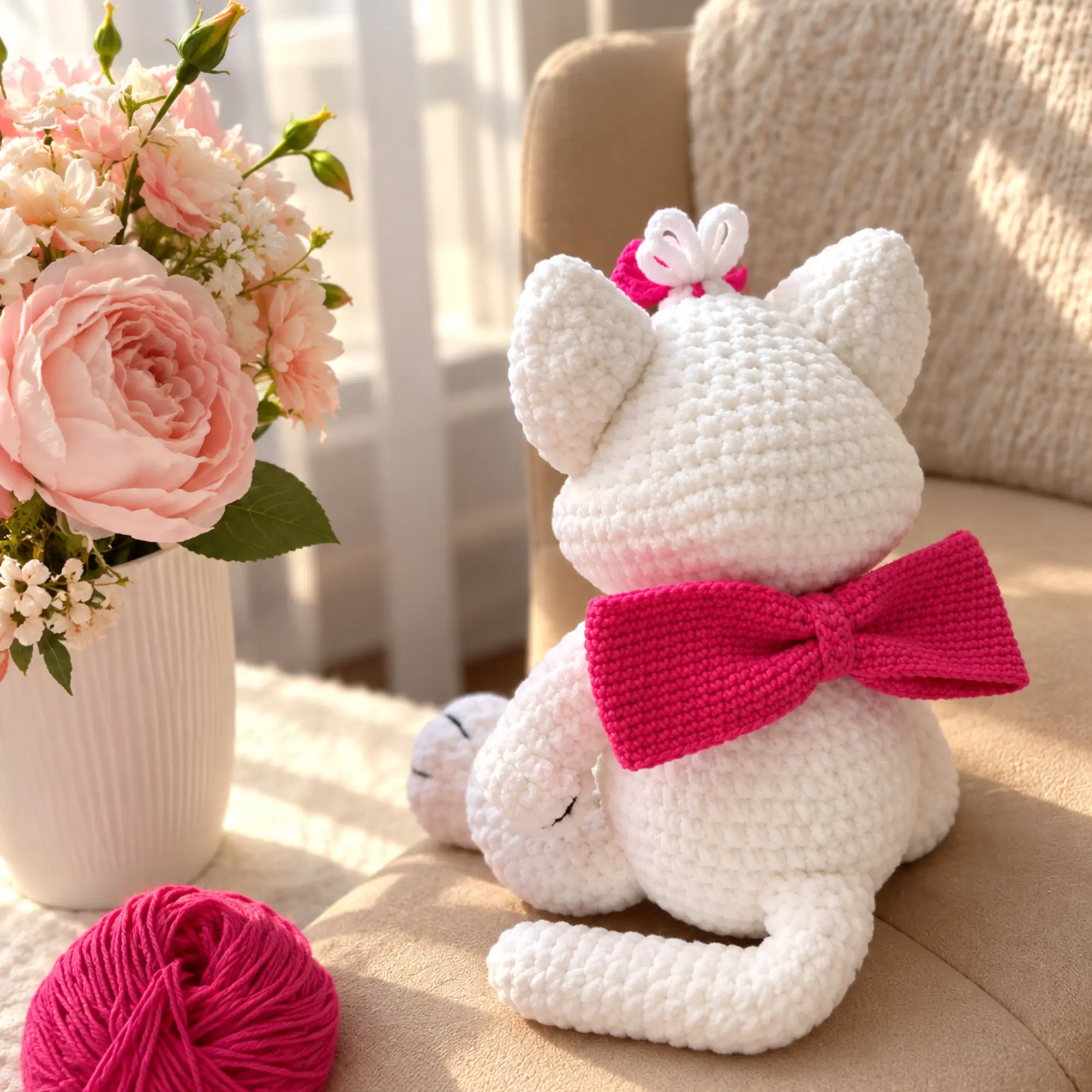 Crochet Cat Pattern PDF – Kitty With a Bow Amigurumi Close-up of a plush crochet kitten with pink ears, blue eyes, embroidered whiskers and a pink nose