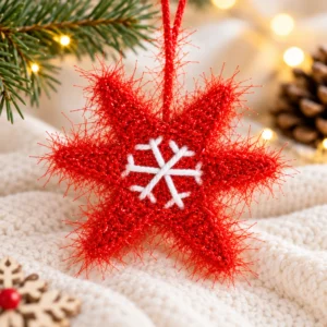 Red crochet star ornament with white snowflake embroidery hanging on a Christmas tree